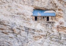 Pictured: Incredible Alpine refuge from World War I embedded in the sheer rockface of a mountain in Italy’s Dolomites