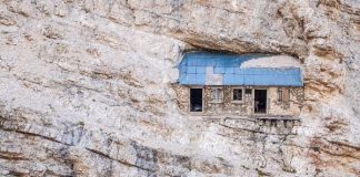 Pictured: Incredible Alpine refuge from World War I embedded in the sheer rockface of a mountain in Italy’s Dolomites